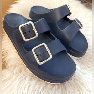 J/Slides Simply B Dual-Buckle Beach Platform Slides Sandals Navy Blue 9